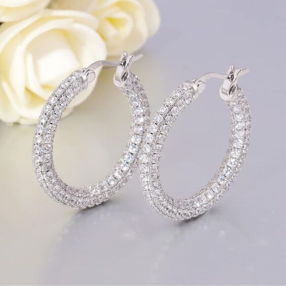14K White Gold Sterling Silver with White Diamond Cubic Zirconia Hoop Earrings - Picture 2 of 6